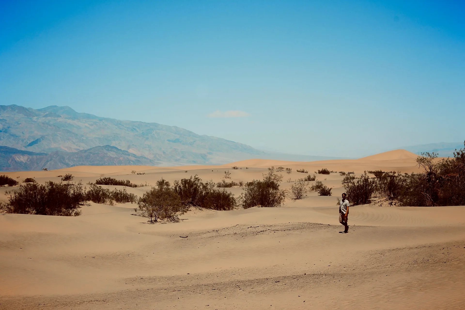 A person standing among desert dunes beneath mountains and a blue sky