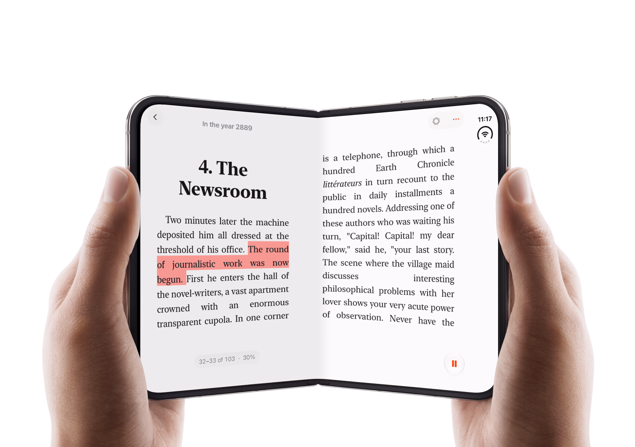 Rise displaying a book on a foldable device held in two hands